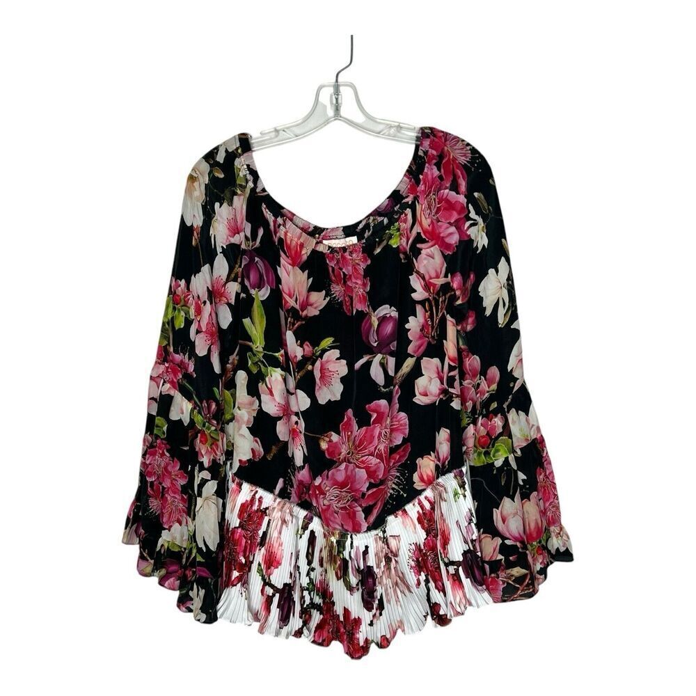 Rococo Sand Top Womens‎ Large Floral Silk Pleated Boho Bell Sleeves Flowy Hippie